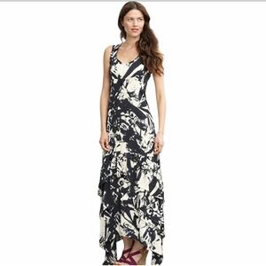 Banana Republic Navy White Tiered Satin Ruffled Maxi High Low Dress 12 Flowy